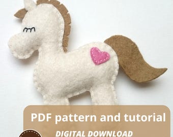 Plantilla de adorno de poni de fieltro, descarga digital, patrón en PDF, guía de costura.