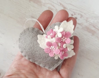 Pink flowers on grey heart ornament - felt home decoration - gift for her nursery decor nature inspired with flower - 1 item or set