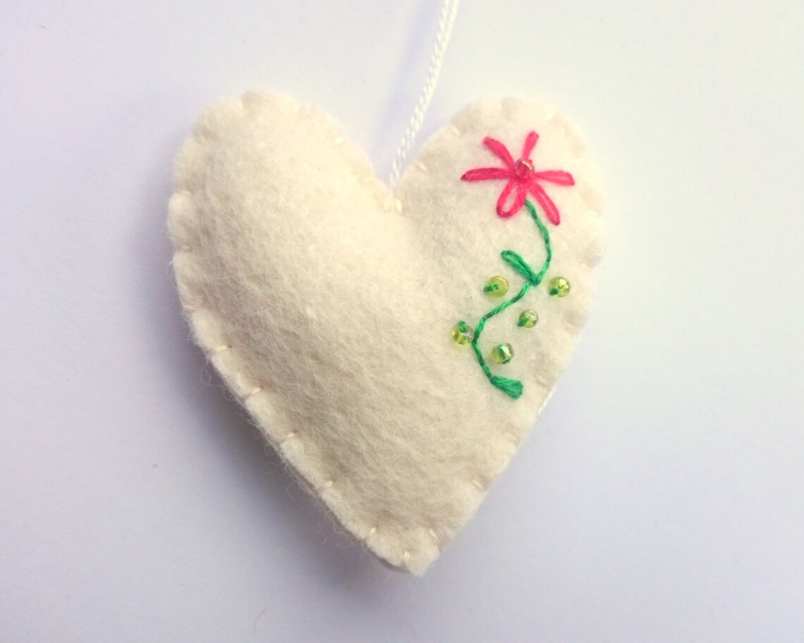 White Heart Ornament With Flower Emroidery Felt Wedding | Etsy