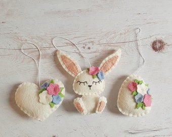 Felt Easter ornament set, felt Easter eggs, pack of 3, felt bunny ornament