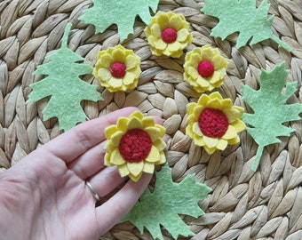 Spring flower pack, yellow and red felt loose flowers with green leaves