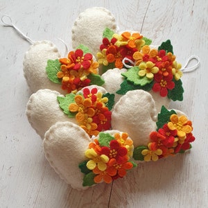 Heart shaped ornament with flowers in the shade of red-yellow-orange - SET of 6 - felt home decoration -  nursery decor nature inspired