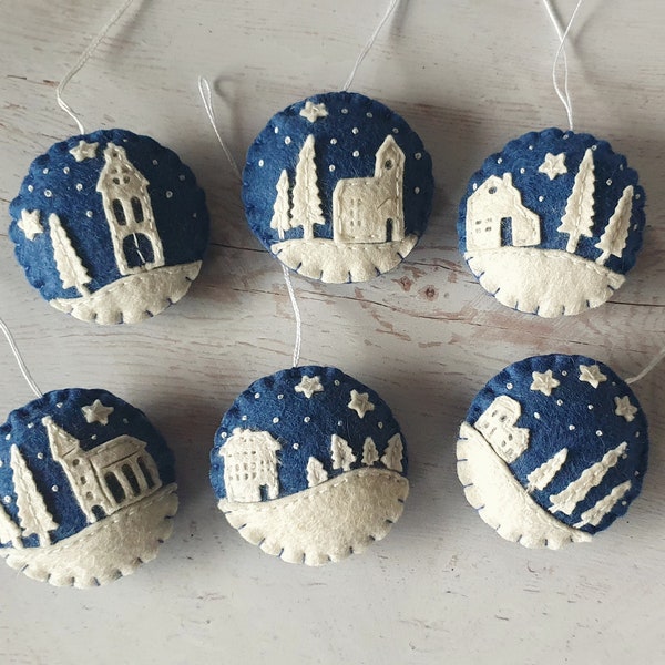 Tiny houses felt ornament SET OF 6, blue and white home decoration with free shipping