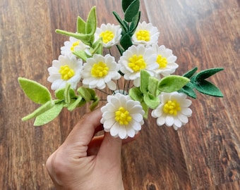 Handmade Felt Daisy Flower Stem: White & Yellow Floral Decor