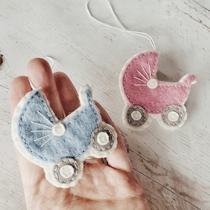 Baby carriage ornament, felt baby carriage favor for gender reveal party