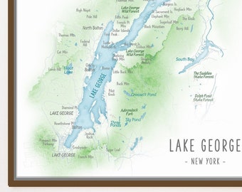 Lake George Map New York Adirondacks Lake House Home Wall Art Decor, Upstate NY Hiker Gift, Canvas or Framed Personalized Lake Print Map
