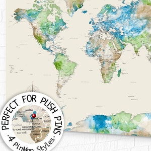 Detailed with Cities, World Map Push Pin, Neutral Large Wall Art Map Canvas, Print or Framed, Custom Title, Personalize map poster for free,
