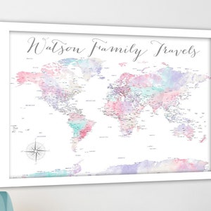 Pin Map of the World, Track Family Travels, Soft Pink Wall Art, Large World Map, Watercolor Wall Art for Bedroom, Family Adventure TravelMap
