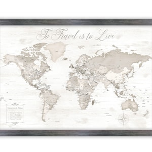 Framed Personalized World Map with Legend. Neutral Colour Wall Map. Perfect Anniversary Gift for Husband. To Travel is to Live or own text.