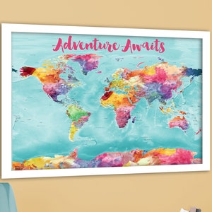 Colorful World Map, Bright World Map with US States, Cities, Large detailed world map, Canvas world map print, watercolor map, Push Pin Map