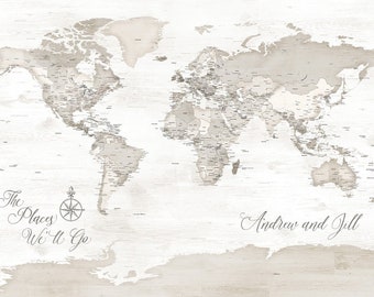 Detailed World Map ideal for pinning travel, Add Custom Message, Names and Anniversary Date, Ideal for Anniversary Gift for Husband or Wife