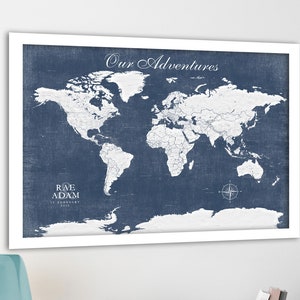 World map, Muted tones, Large world map, Map with cities, City labels, Blue & Gray world map, Masculine wall art,  Man Cave Print, map print