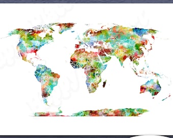 Bright and cheerful multicoloured world map art. Digital download world map. Gender neutral wall art, kid's room, playroom, Office art,