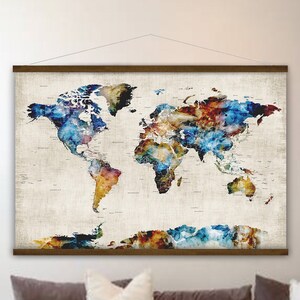 Large Map of the World for Office Wall,  World Map with Cities, Hanging Canvas, Optional Personalization, Neutral Color Executive Wall Art