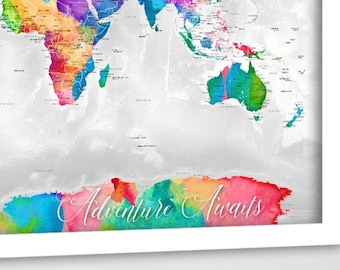 Adventure Awaits Map for Teenager, Active Family Map, Planning Travel Pin Map, Bright world map Canvas, Poster or Digital World map Download