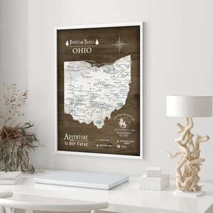Ohio State Map Office Wall Art, Gift for Hiker, Active outdoor Adventures in Ohio, State Park List Optional Personalization Push Pin Map imagem 1