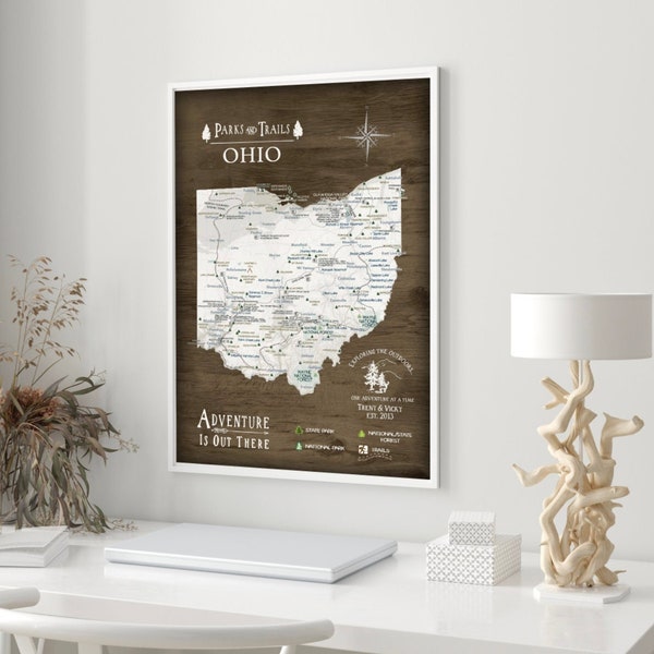 Ohio State Map Office Wall Art, Gift for Hiker, Active outdoor Adventures in Ohio, State Park List - Optional Personalization Push Pin Map