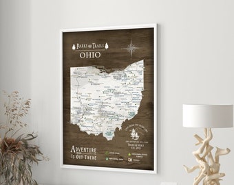 Ohio State Map Office Wall Art, Gift for Hiker, Active outdoor Adventures in Ohio, State Park List - Optional Personalization Push Pin Map