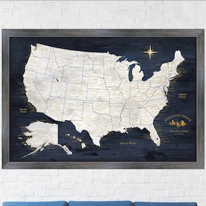 Very Detailed USA Push Pin Map with Cities and States Labelled, US map Anniversary Gift for Husband or Personalize Single or Couple's Name