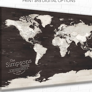 Map of the world, Rustic World map push pin Wood Timber Grain, Soft Neutral Colour World Map to Scratch Off your Bucket list, Canvas Option