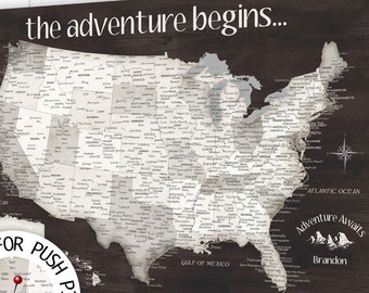 USA Push Pin map for traveler US with Legend, Pin Map, Canvas or Print, Professional Office Wall Art Map, Personalize ANY title or names