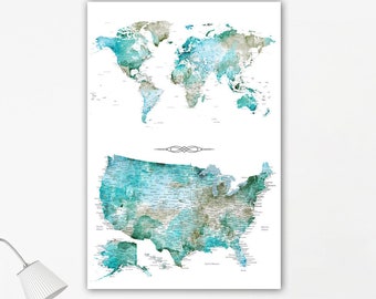 Two maps in one print. USA and World Pin Maps, Gift for Husband, Housewarming gift for military family. Canvas Travel Pin map for Traveler