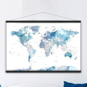 Modern Office Wall Art, Blue and White Watercolor World Map, Canvas of World Map, Detailed Map of the World, Anniversary Gift for Parents