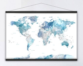 Moderne Büro Wandkunst, blaue und weiße Aquarell Weltkarte, Leinwand der Weltkarte, detaillierte Karte der Welt, Jahrestagsgeschenk für Eltern