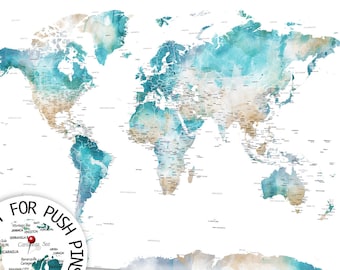 Large Watercolor World Map, Push Pin Map, Map of the World Print, Canvas or Framed Pin Map with Cities Add a personalized Legend, Pretty Map