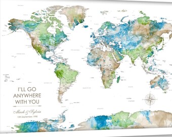 Personalized Push Pin Map, Canvas or Print. Anniversary Gift, Travel Theme. World Travel Map for Pins, Add Names, Wedding Date, Est Date