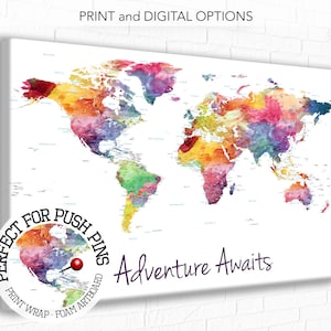 Adventure Awaits World Map, Push Pin World Map, Watercolor World map, push pin map, Foam board mounted map of world, Large World Map Canvas