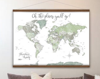 Green and Gray Nursery World Map, Gender Neutral Canvas Wall Map Art Print, Olive Green Wall Map of The World, Adventure Awaits Travel Map