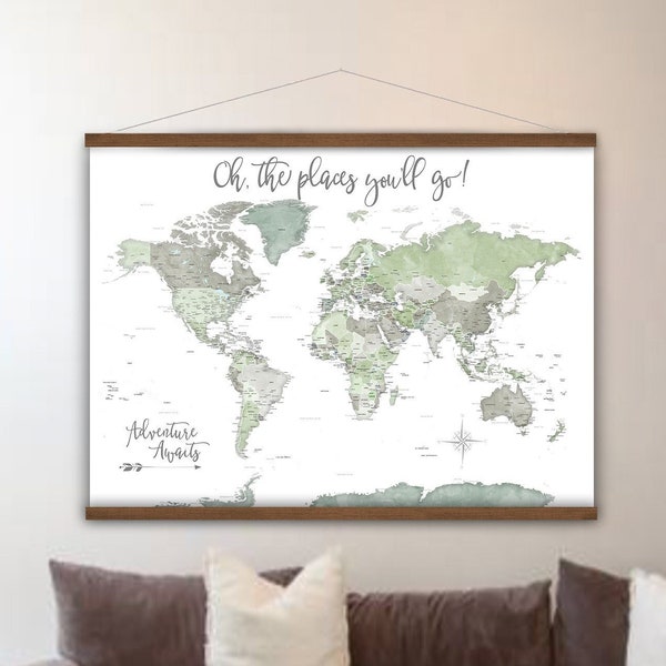 Green and Gray Nursery World Map, Gender Neutral Canvas Wall Map Art Print, Olive Green Wall Map of The World, Adventure Awaits Travel Map