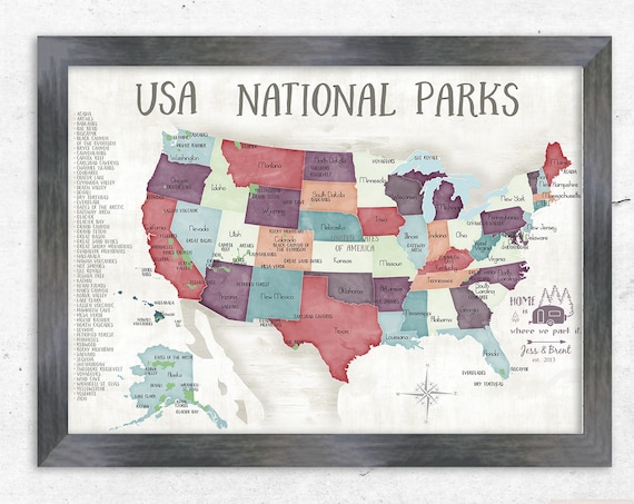Personalised National Parks USA Map, Our Adventures, Soft watercolor Autumn Print, Outdoor Adventure Gift, Hiking Mountain Nature Map Poster