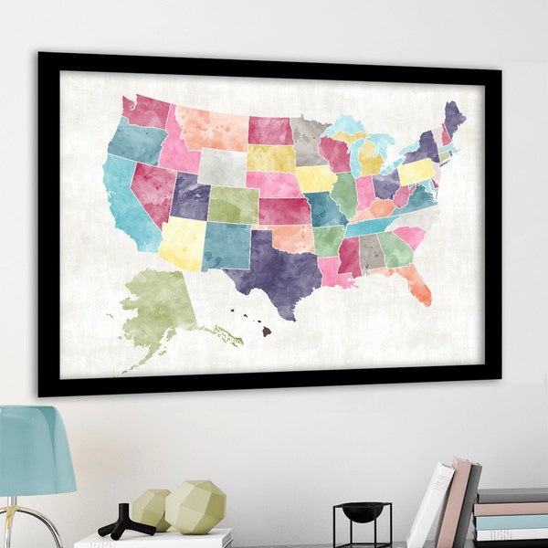 Large USA Map Heart Map. Bright Watercolor Style. Custom sizes. Add Heart or Text. Personalised USA map. USA Map print for family travel map