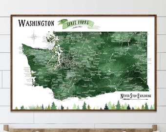 Washington State Parks and Hiking Trails Map, WA map Hiking Gift, State Park Checklist for Washington Parks, WA Push Pin Map PinBoard Gift