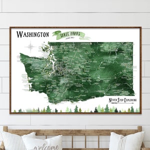 Washington State Parks and Hiking Trails Map, WA map Hiking Gift, State Park Checklist for Washington Parks, WA Push Pin Map PinBoard Gift