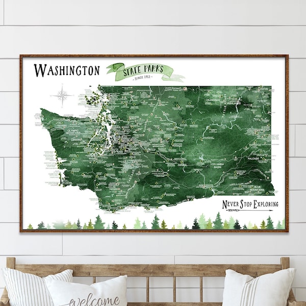 Washington State Parks and Hiking Trails Map, WA map Hiking Gift, State Park Checklist for Washington Parks, WA Push Pin Map PinBoard Gift