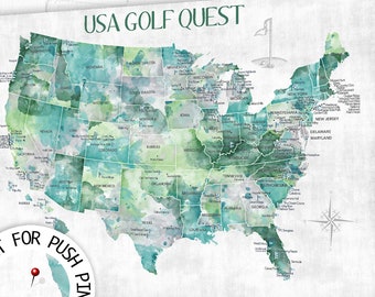 Personalized Golfing Family gift. USA map Golf themed print, poster, canvas or Push Pin Map of USA top golf courses, Digital Golfers gift.