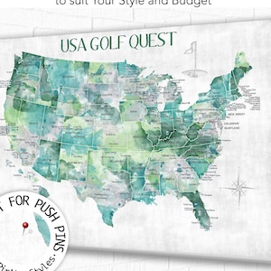 Personalized Golfing Family gift. USA map Golf themed print, poster, canvas or Push Pin Map of USA top golf courses, Digital Golfers gift.