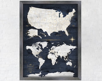 Gift for Husband, Travel Map Navy and Gold, USA Map & World Map in one Large Print, Digital, Unframed Canvas or Large Framed Push Pin Map.