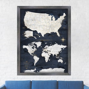 Gift for Husband, Travel Map Navy and Gold, USA Map & World Map in one Large Print, Digital, Unframed Canvas or Large Framed Push Pin Map.