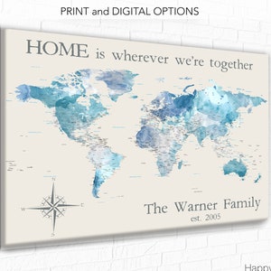 Personalized Anniversary Gift for couple, Personalized World Map for Family Travels, Adventure Awaits World map Customized Blue Push Pin Map