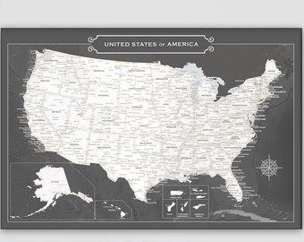 Large Office Style Map Art Gift for Dad, Neutral Color Travel Push Pin USA Map for Father's Birthday, Classy Black, White & Beige Wall Decor