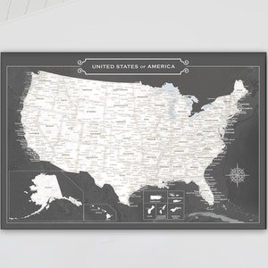 Large Office Style Map Art Gift for Dad, Neutral Color Travel Push Pin USA Map for Father's Birthday, Classy Black, White & Beige Wall Decor image 1