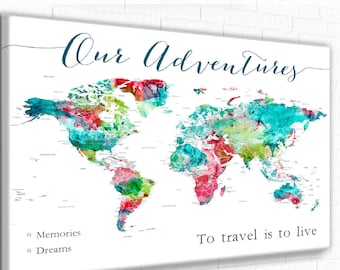 Our Adventures Travel World Map Wall Art, Push Pin Maps, Large World Map Poster Print, Adventure Awaits map, Personalized Map with Legend