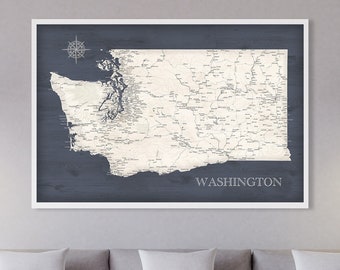 Push Pin WA Map, Washington Wall Map, Detailed map of WA state, Framed, Canvas or Poster Map Print for She Office Wall Art Husband Gift