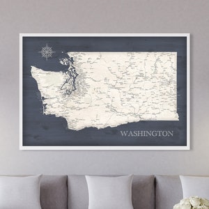 Push Pin WA Map, Washington Wall Map, Detailed map of WA state, Framed, Canvas or Poster Map Print for She Office Wall Art Husband Gift