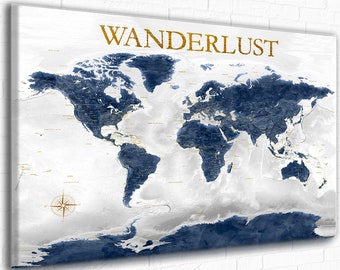 Navy and Gold World Map Canvas or Push Pin Map of the World, Wanderlust, Adventure Awaits Personalized Custom Text World Map Office Wall Art