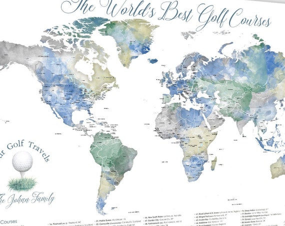 Large Golf Course Print, Map of World Best Golf Locations, Push Pin Map Print or Canvas, Personalized Gift, Wall Art for Golf Theme Man Cave